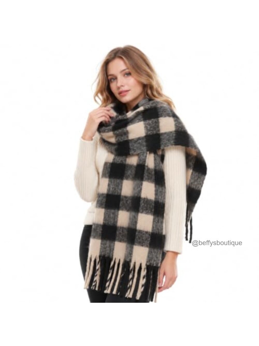 Chunky Plaid Winter Scarf with Tassels Long Soft Thick